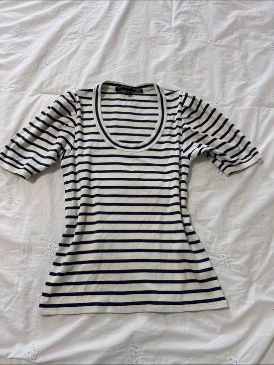 Veronica Beard Tops - Veronica Beard Navy and White Striped Scoop Neck Short Puffy Sleeve Top